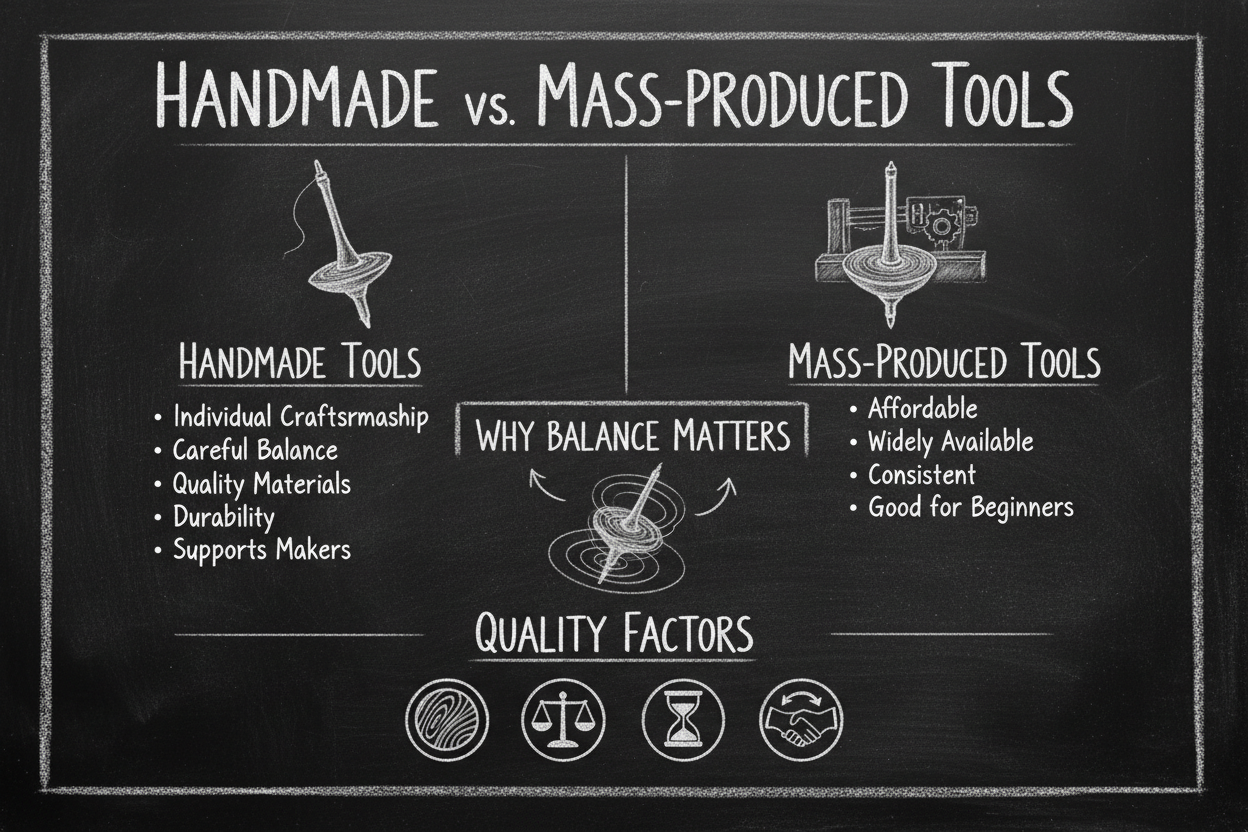 Blackboard diagram comparing handmade and mass-produced spinning tools: individual craftsmanship, balance, quality materials, durability versus affordability, availability, and consistency