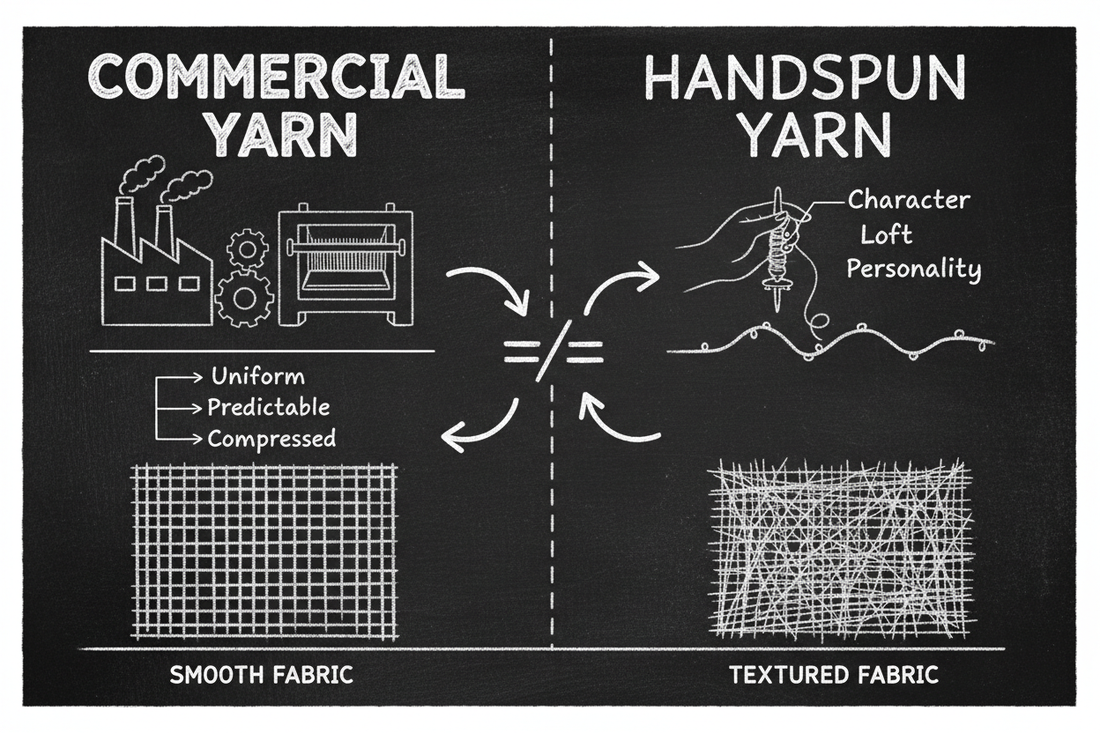 Blackboard diagram with a seven-row comparison table contrasting handspun and commercial yarn across production, consistency, control, loft, fiber choice, character, and fabric quality