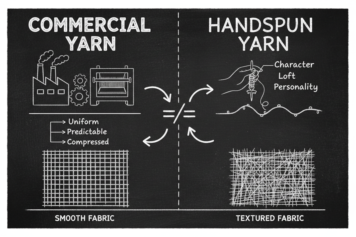 Blackboard diagram with a seven-row comparison table contrasting handspun and commercial yarn across production, consistency, control, loft, fiber choice, character, and fabric quality