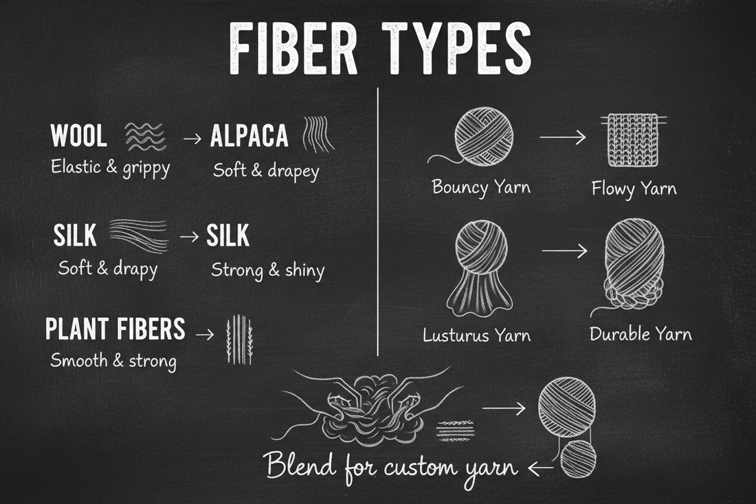 Blackboard diagram with a five-row comparison table showing how fiber type — fine wool, long wool, alpaca, silk, and plant fibers — influences key yarn characteristics and best uses