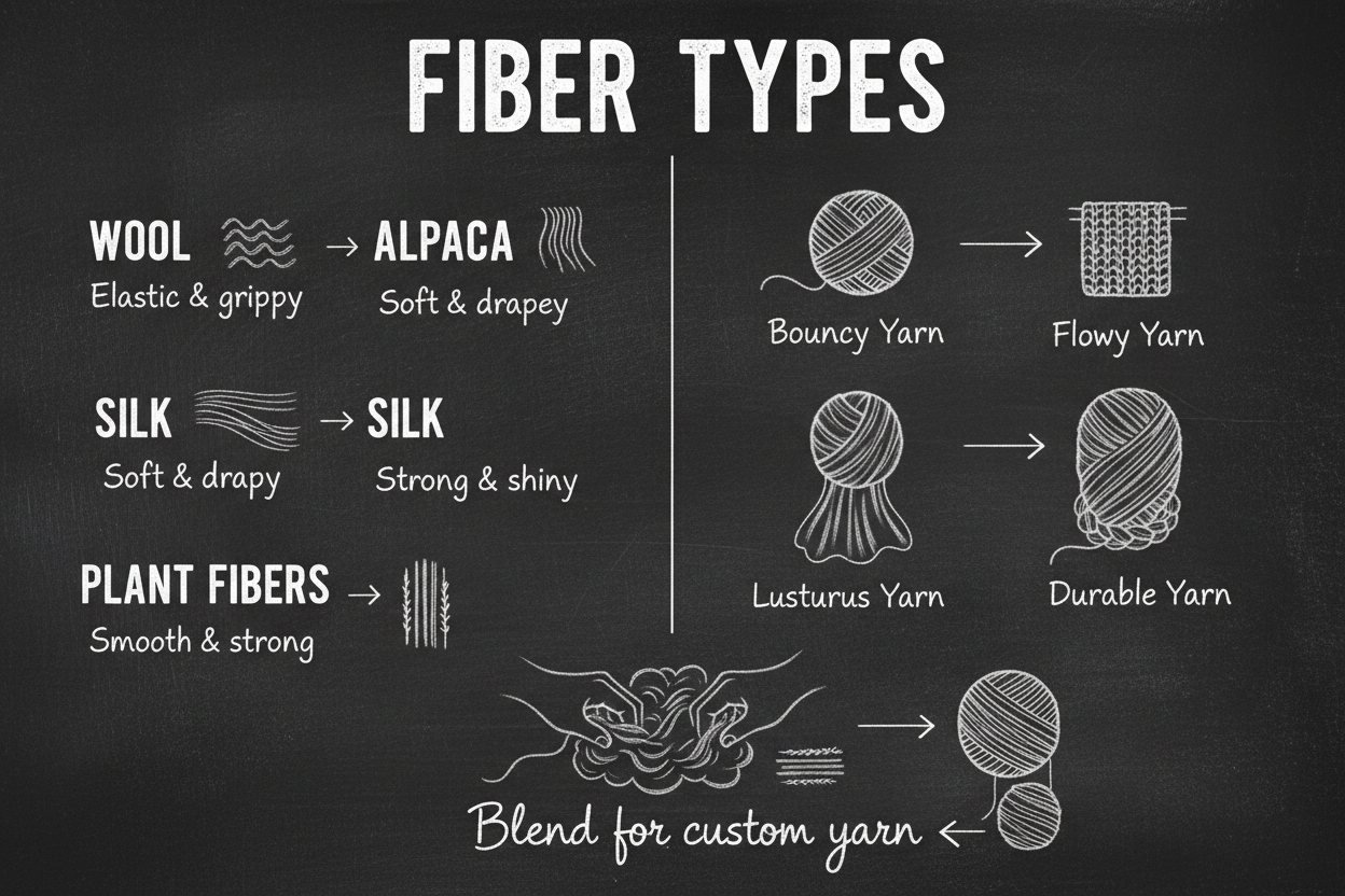Blackboard diagram with a five-row comparison table showing how fiber type — fine wool, long wool, alpaca, silk, and plant fibers — influences key yarn characteristics and best uses