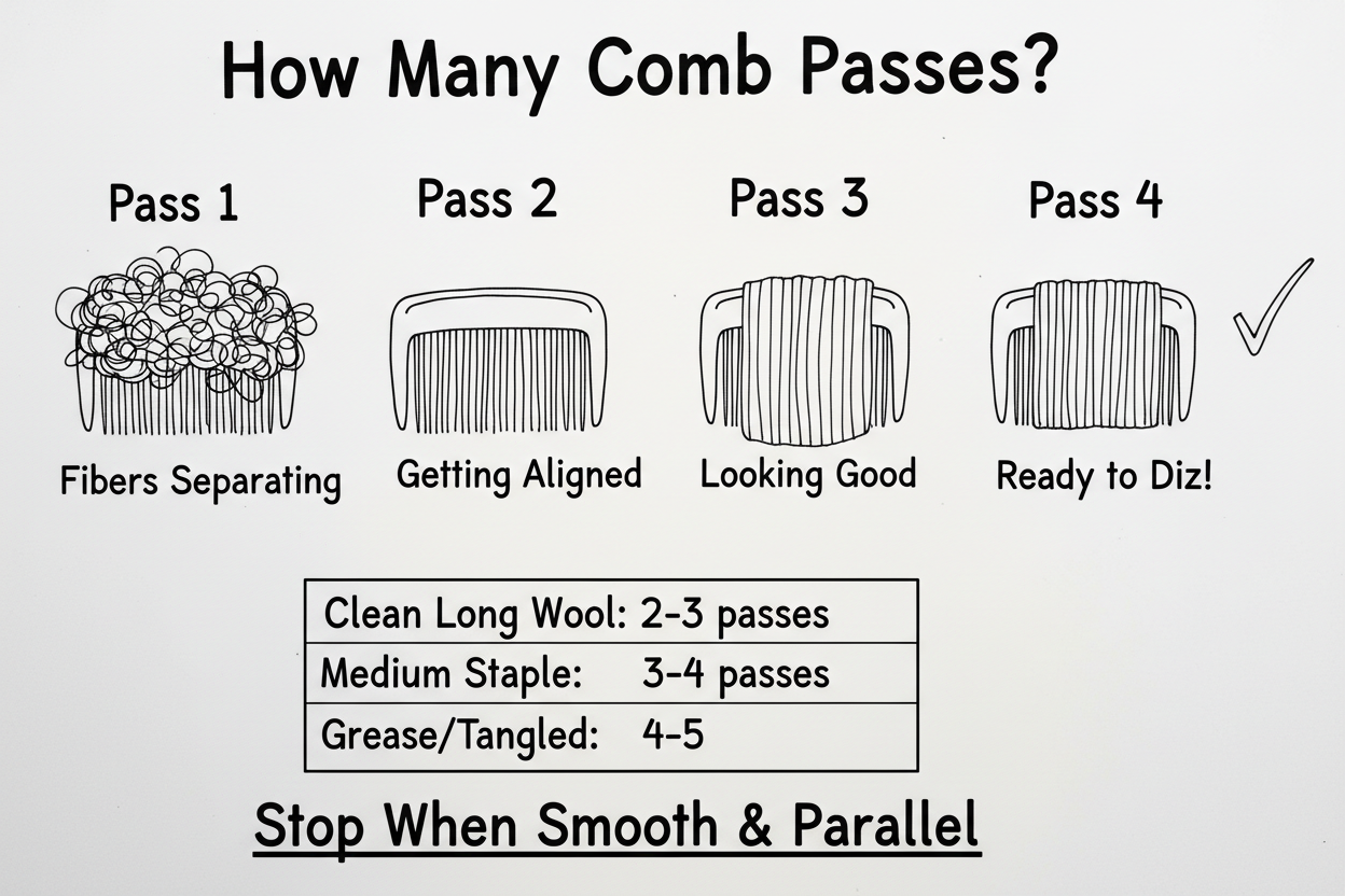 Whiteboard diagram showing wool combing progression through 4 passes, from separating fibers to ready-to-diz alignment, with guidelines for different fiber types