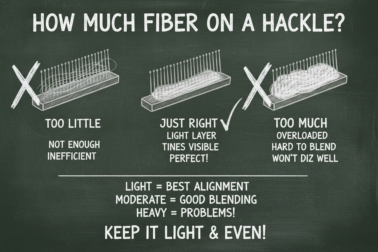 Chalkboard diagram comparing fiber loading on a wool hackle: too little (inefficient), just right (light layer with visible tines), and too much (overloaded and hard to blend)