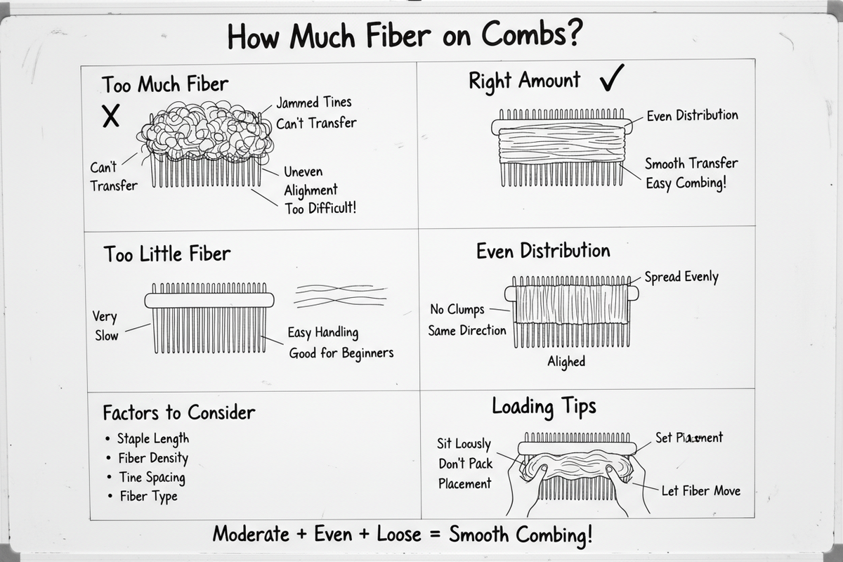 Whiteboard diagram showing how much fiber to load on wool combs: too much jams tines, right amount allows smooth transfer with moderate even distribution, too little is slow, load loosely and spread evenly