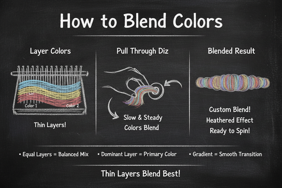 Chalkboard diagram showing how to blend colors using a wool hackle: layer thin colored fibers, pull through diz slowly, and create custom blended fiber with heathered effects