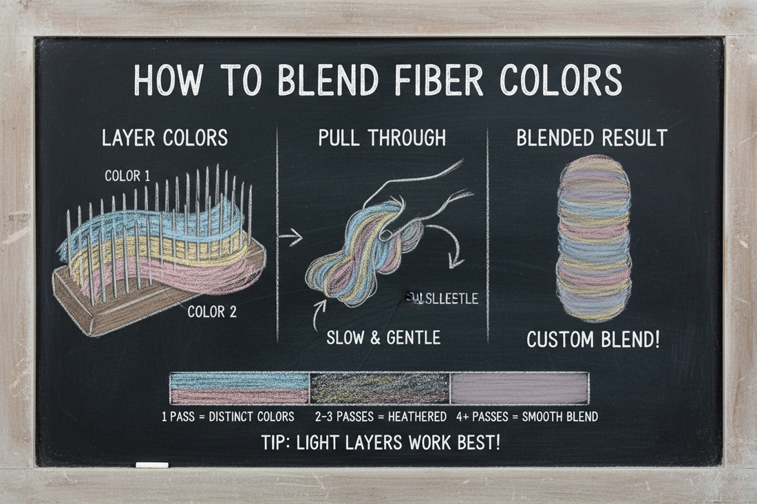 Chalkboard diagram showing how to blend fiber colors on a wool hackle by layering colors, pulling through slowly, and creating custom blends with different numbers of passes