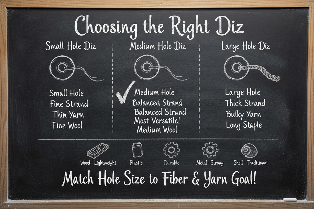 Chalkboard diagram showing how to choose the right diz: small hole for fine yarn, medium hole for balanced versatile use, large hole for bulky yarn