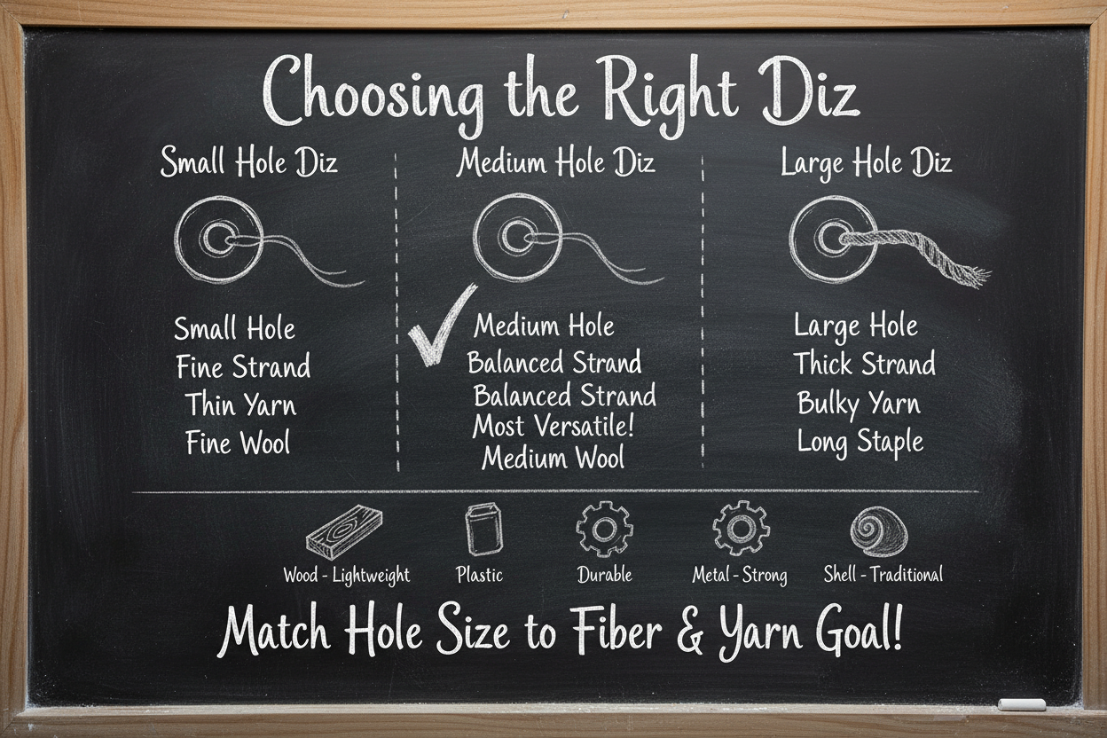 Chalkboard diagram showing how to choose the right diz: small hole for fine yarn, medium hole for balanced versatile use, large hole for bulky yarn