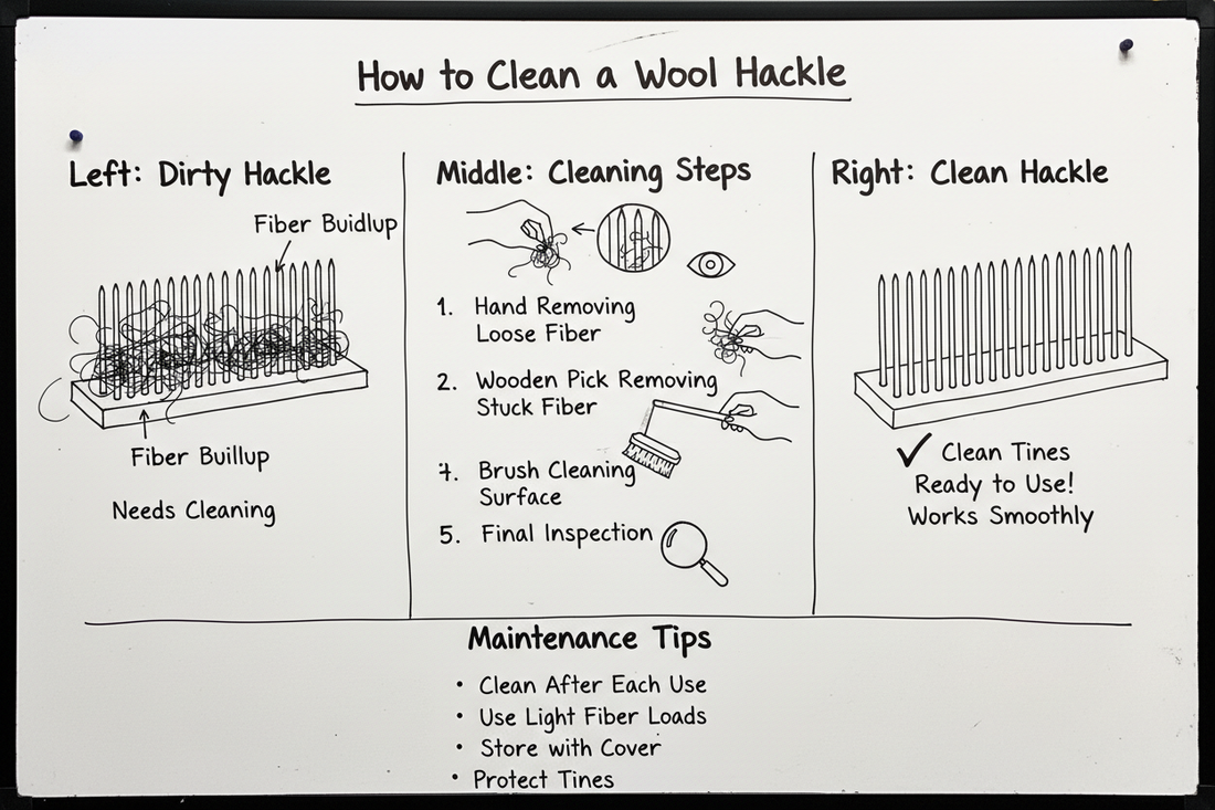 Whiteboard diagram showing how to clean a wool hackle: remove loose fiber, inspect tines, use wooden pick for stuck fiber, brush surface, and inspect for cleanliness