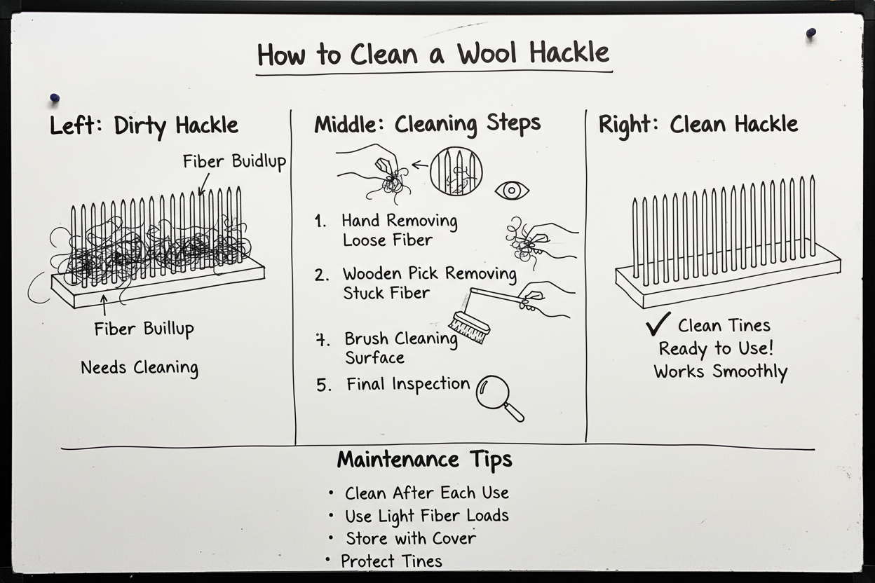 Whiteboard diagram showing how to clean a wool hackle: remove loose fiber, inspect tines, use wooden pick for stuck fiber, brush surface, and inspect for cleanliness