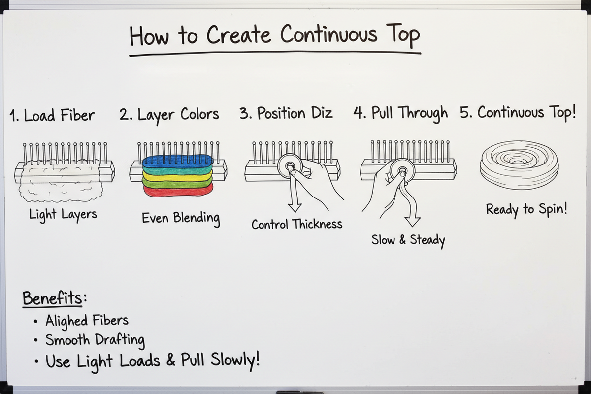 Whiteboard diagram showing 5 steps to create continuous top using a wool hackle: understand what continuous top is, load and layer fiber, position the diz, pull through slowly, store in nests, and troubleshoot common problems