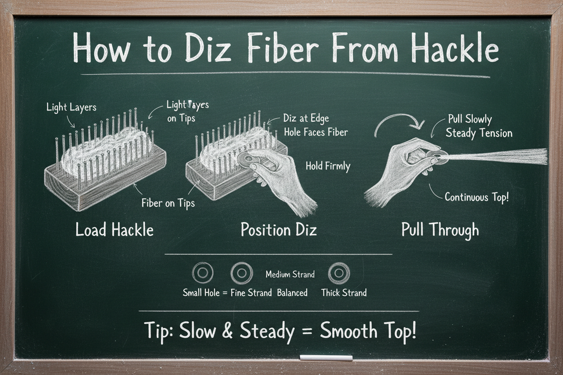 Chalkboard diagram showing how to diz fiber from a wool hackle: load hackle with light layers, position diz at fiber edge, and pull through slowly for smooth continuous top