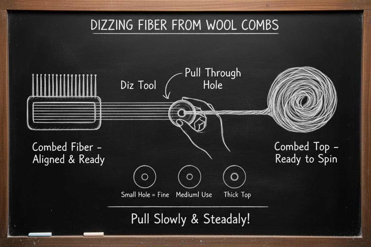 Chalkboard diagram showing how to diz fiber from wool combs by pulling aligned fiber through a diz hole to create combed top