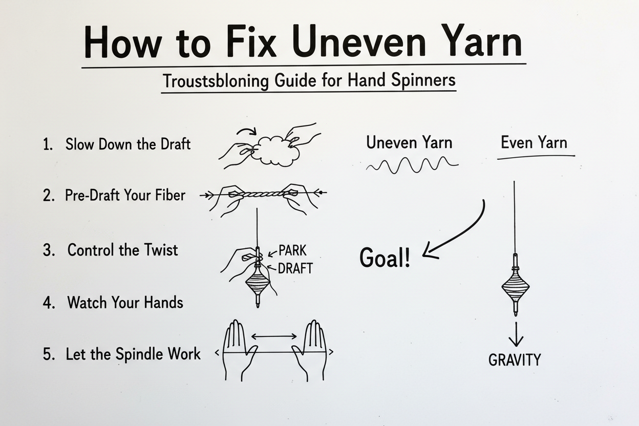 Whiteboard diagram showing 5 steps to fix uneven yarn: slow down draft, pre-draft fiber, control twist with park and draft, watch hand position, and let spindle work with gravity