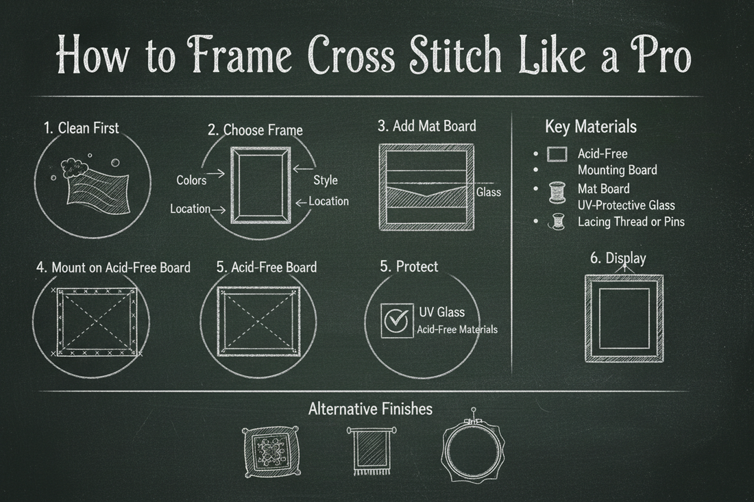 Blackboard diagram showing how to frame cross stitch professionally: cleaning, choosing frames, mat boards, acid-free mounting, UV-protective glass, and alternative finishing options