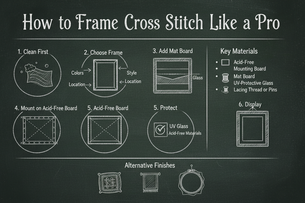 Blackboard diagram showing how to frame cross stitch professionally: cleaning, choosing frames, mat boards, acid-free mounting, UV-protective glass, and alternative finishing options
