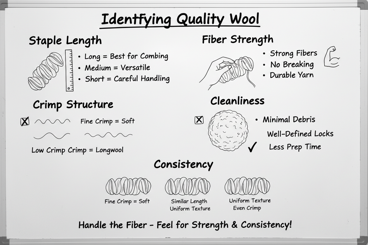 Whiteboard diagram showing how to identify quality wool: check staple length, test fiber strength, examine crimp structure, assess cleanliness, and look for consistency