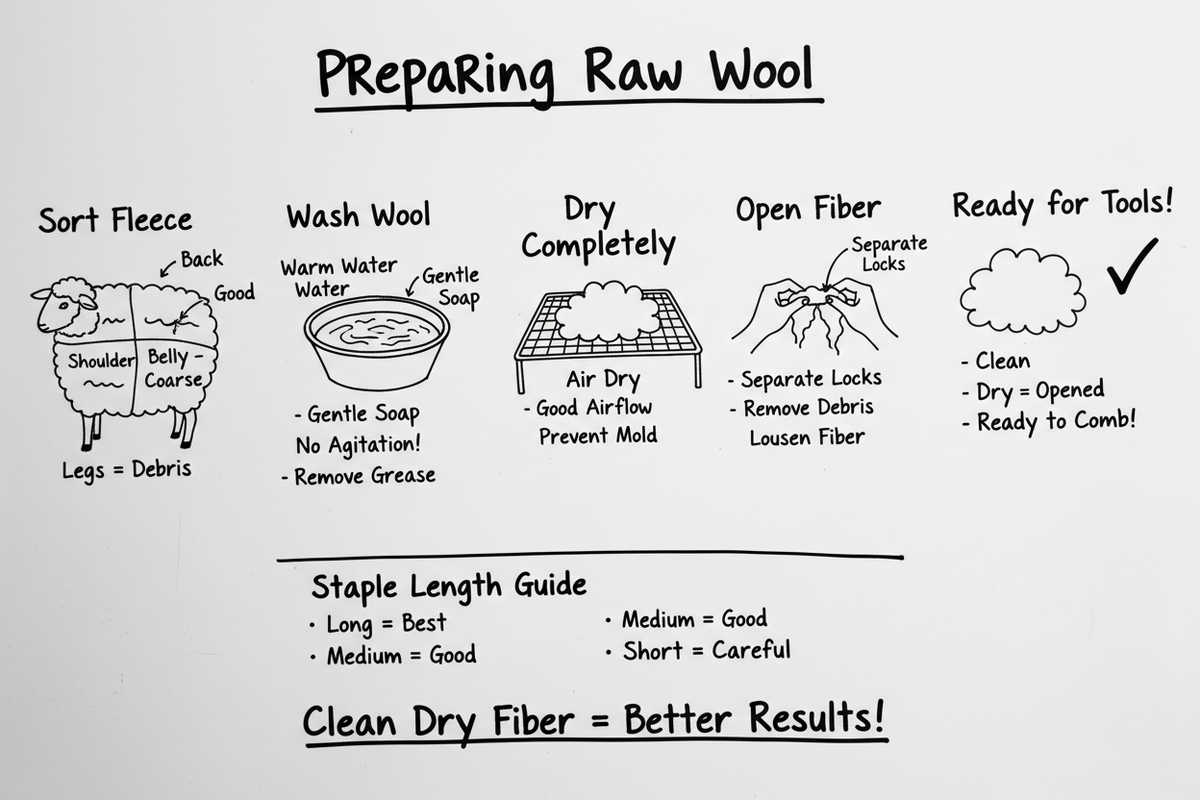 Whiteboard diagram showing 5 steps to prepare raw wool: sort fleece by quality, wash gently to remove grease and debris, dry completely, open fiber locks and remove remaining debris, check staple length, and load onto combs or hackles