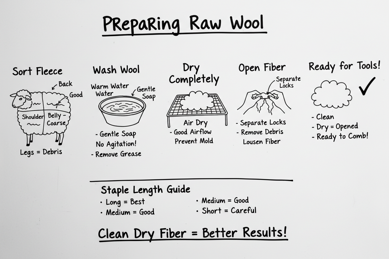 Whiteboard diagram showing 5 steps to prepare raw wool: sort fleece by quality, wash gently to remove grease and debris, dry completely, open fiber locks and remove remaining debris, check staple length, and load onto combs or hackles