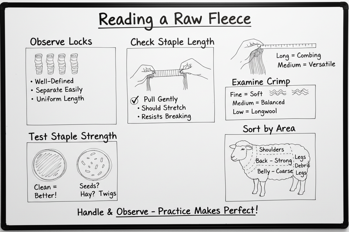 Whiteboard diagram showing how to read a raw fleece: observe locks, check staple length, test strength, examine crimp, check for debris, and sort by fleece area