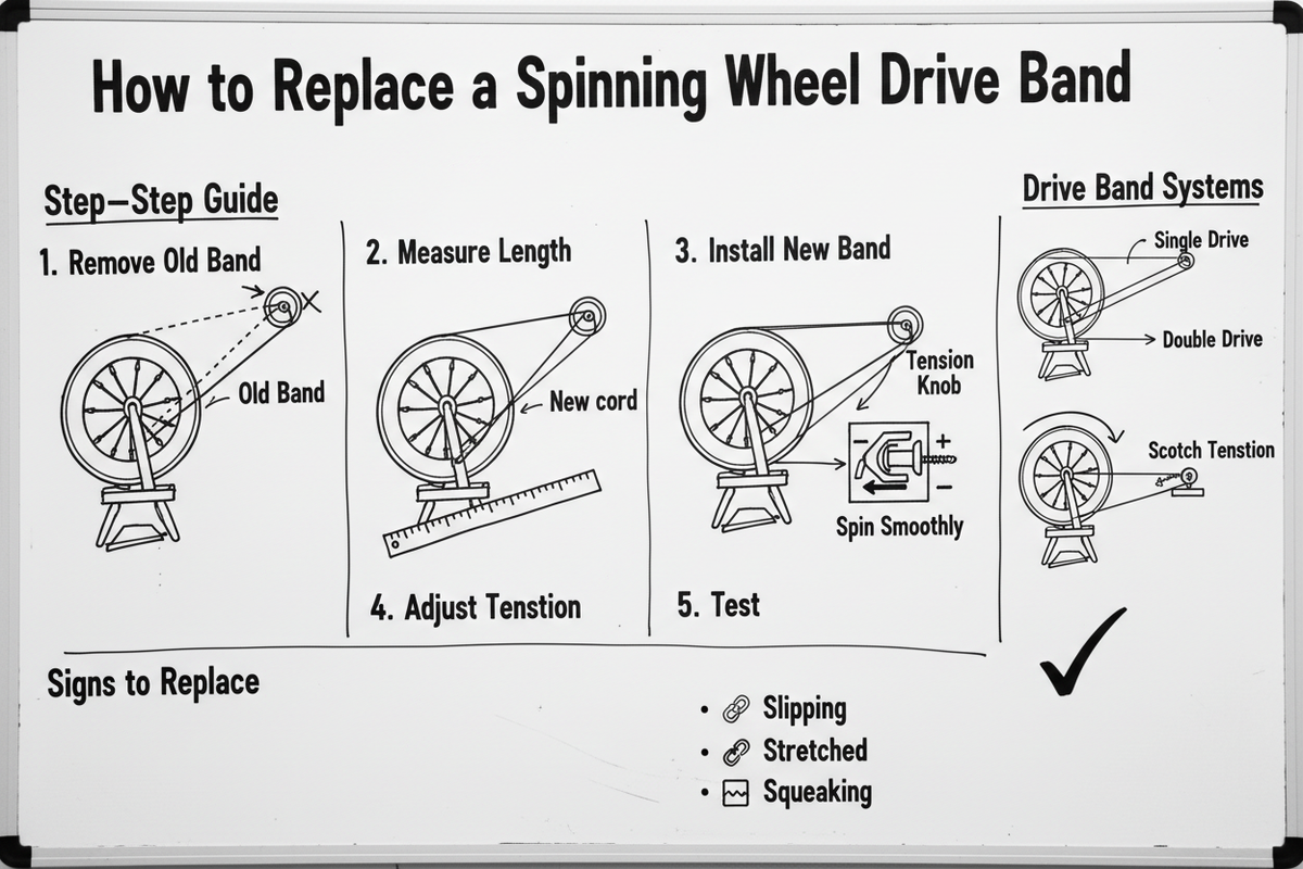 Blackboard diagram showing steps to replace a spinning wheel drive band including removing the old band, measuring, tying a knot, and adjusting tension