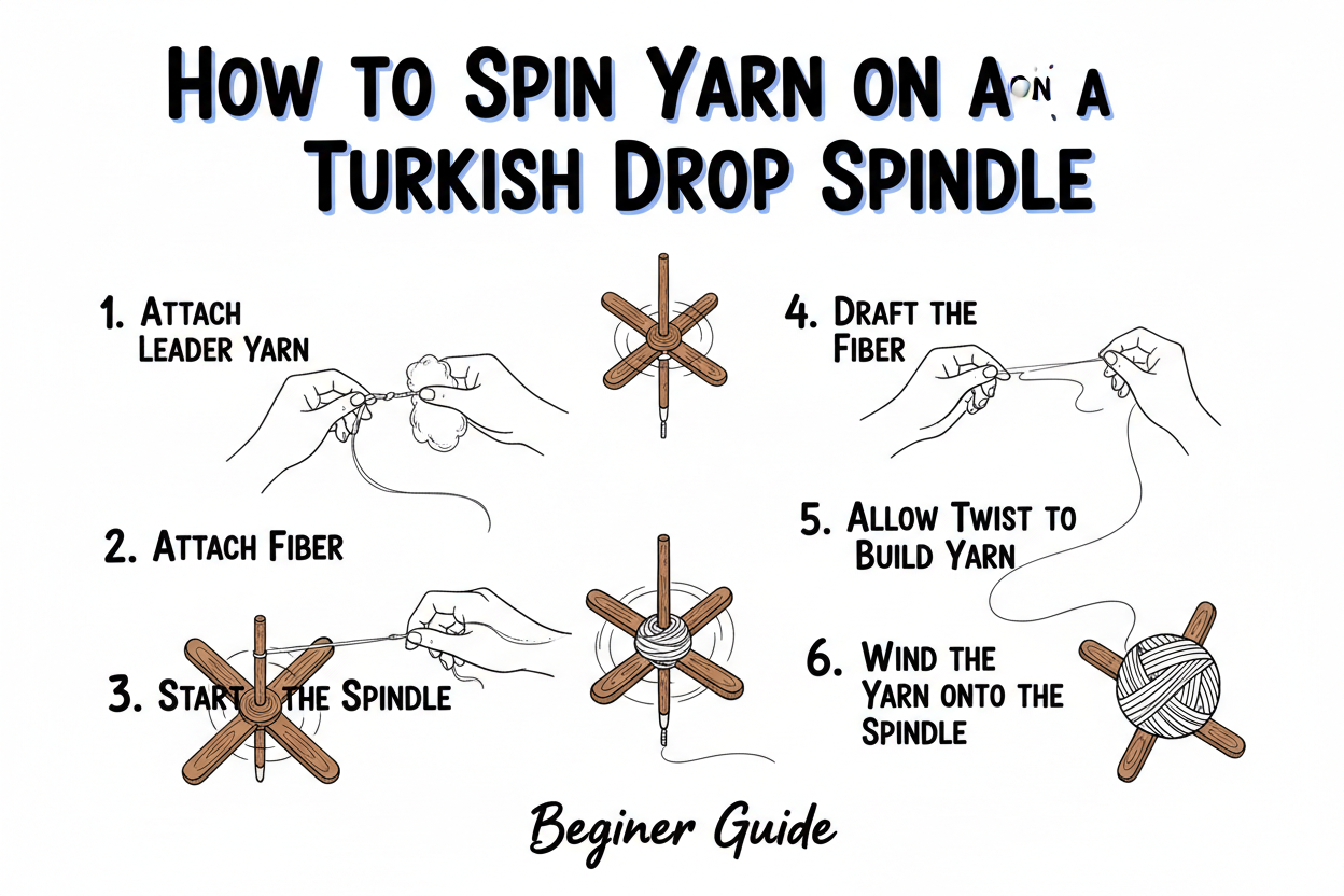 Whiteboard diagram showing the step-by-step process of spinning yarn on a Turkish drop spindle, including leader yarn attachment, drafting, and winding onto the spindle arms