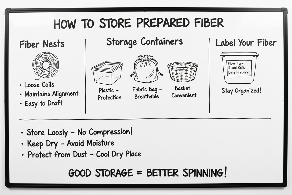 Whiteboard diagram showing how to store prepared fiber: coil into loose nests, use breathable containers for protection, and label fiber blends for organization