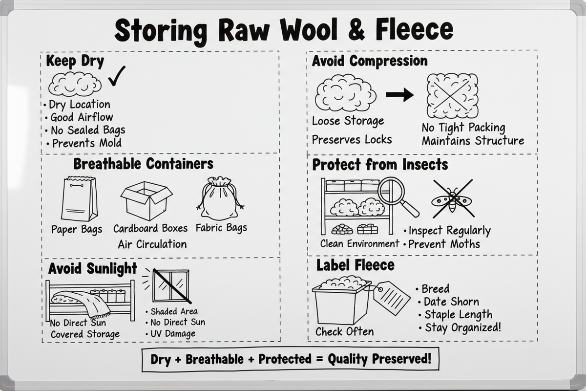 Whiteboard diagram showing how to store raw wool: keep dry with good airflow, avoid compression, use breathable containers, protect from insects, avoid sunlight, and label fleece