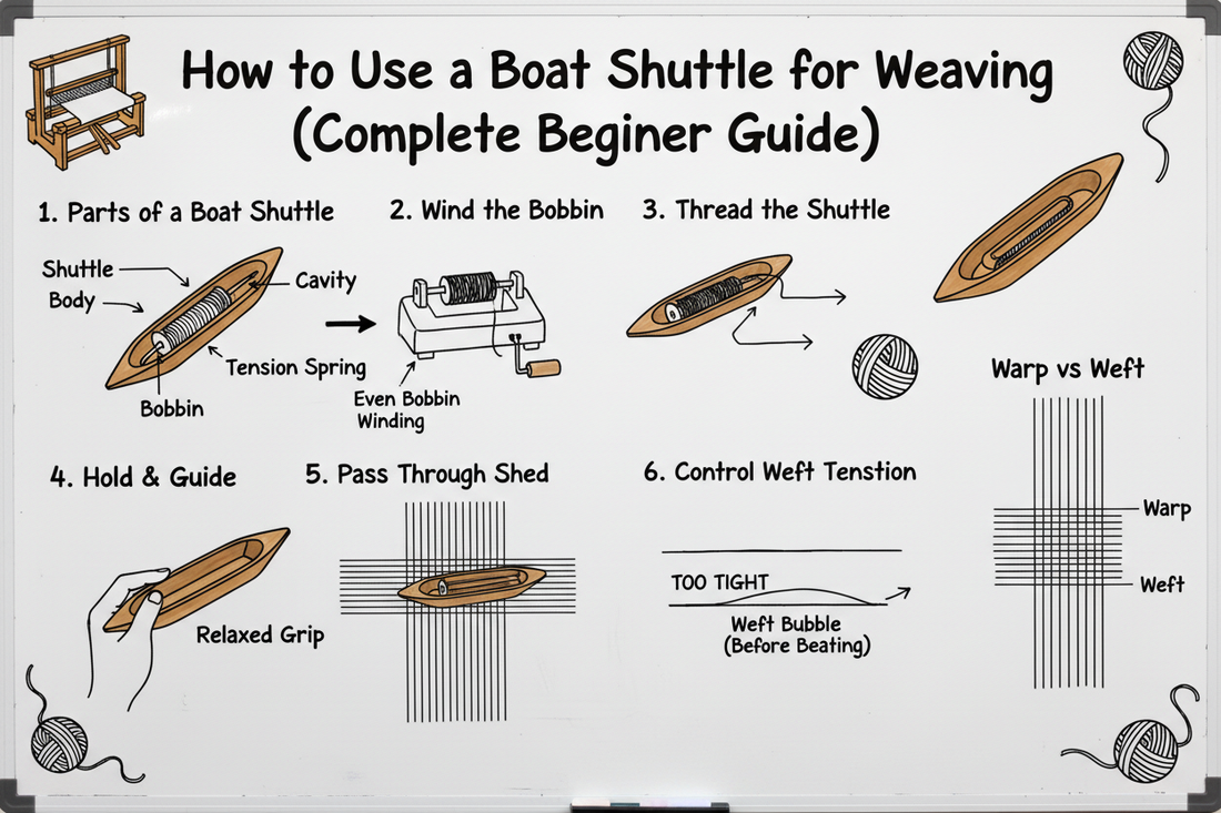 Whiteboard diagram showing how to use a boat shuttle for weaving: shuttle parts, bobbin winding, threading, hand position, passing through shed, and weft tension control