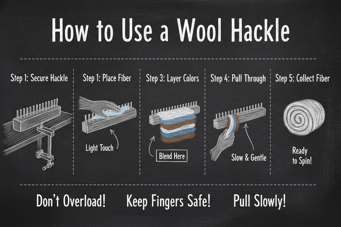 Chalkboard diagram showing 5 steps to use a wool hackle: secure hackle, place fiber lightly, layer colors, pull through slowly, and collect blended fiber