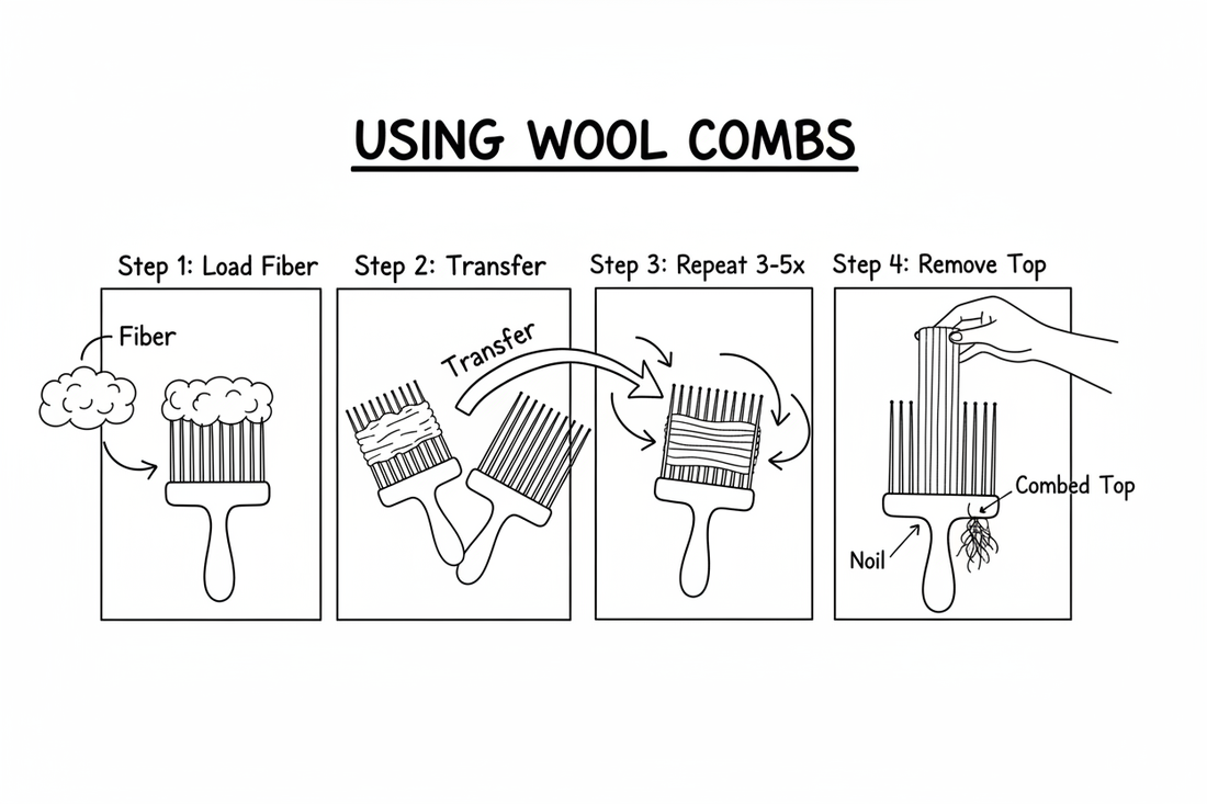 Whiteboard step-by-step guide showing how to use wool combs to prepare fiber for spinning