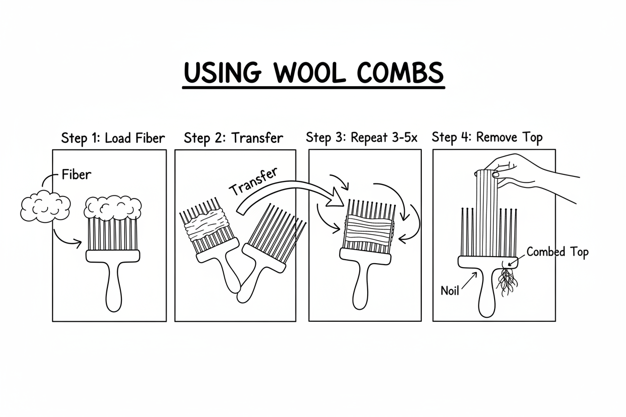 Whiteboard step-by-step guide showing how to use wool combs to prepare fiber for spinning