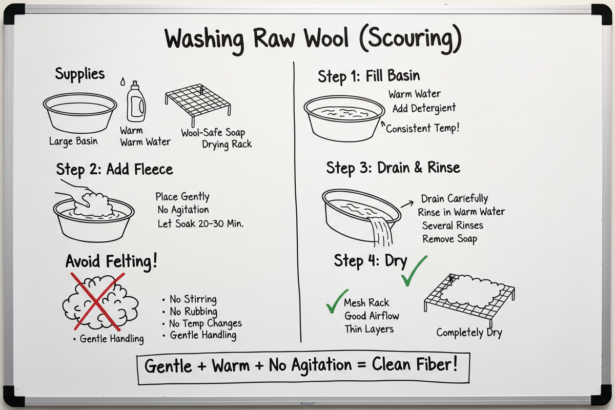 Whiteboard diagram showing how to wash raw wool: gather supplies, fill basin with warm water and detergent, add fleece gently and soak, drain and rinse, avoid felting by gentle handling, and dry on mesh rack with good airflow