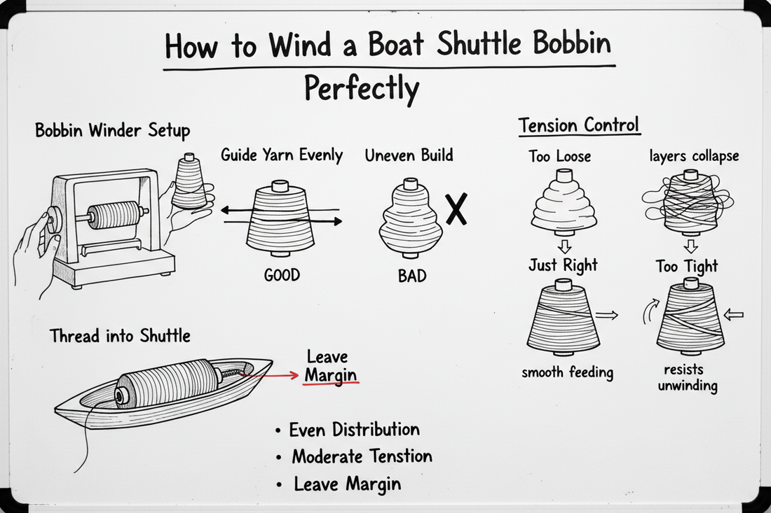 Whiteboard diagram showing how to wind a boat shuttle bobbin perfectly: bobbin winder setup, even yarn distribution, proper tension control, avoiding overfilling, and threading into shuttle