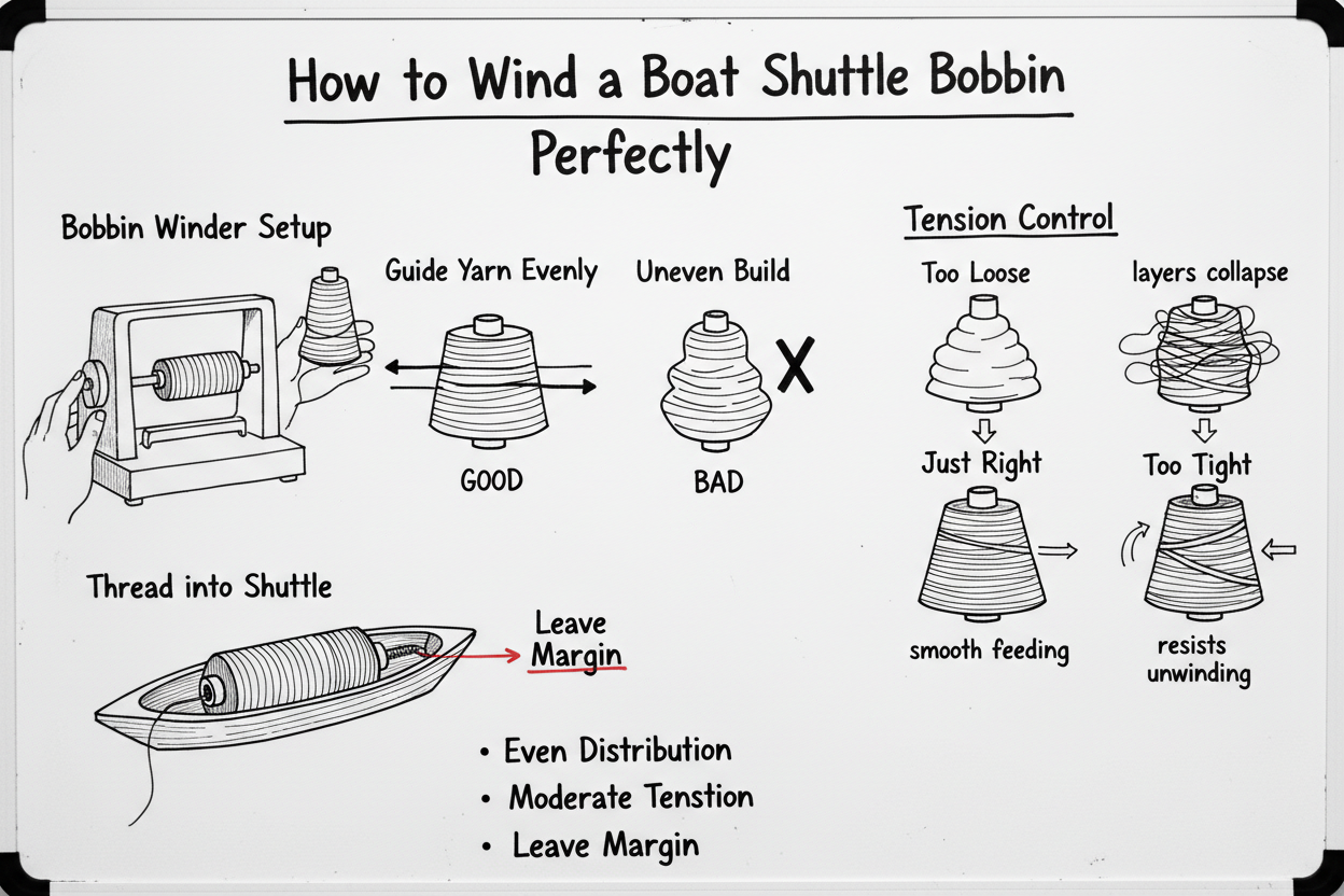 Whiteboard diagram showing how to wind a boat shuttle bobbin perfectly: bobbin winder setup, even yarn distribution, proper tension control, avoiding overfilling, and threading into shuttle