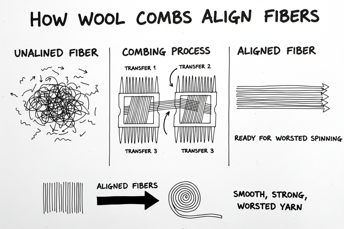 Whiteboard diagram showing how wool combs align fibers through repeated transfers, creating parallel fiber preparation for smooth worsted spinning