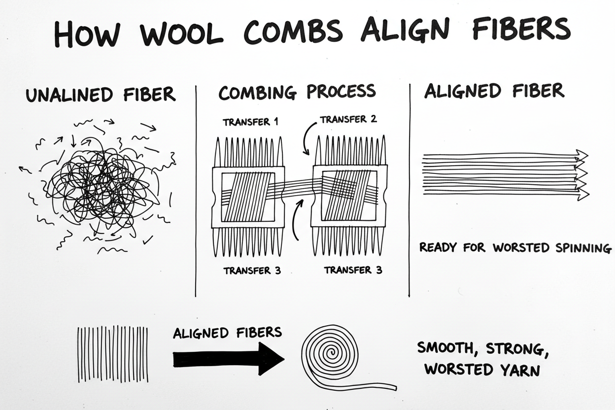 Whiteboard diagram showing how wool combs align fibers through repeated transfers, creating parallel fiber preparation for smooth worsted spinning