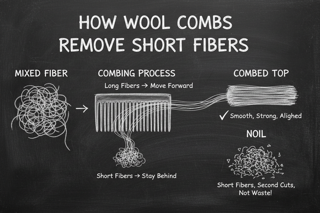 Chalkboard diagram showing how wool combs separate long fibers (which become combed top) from short fibers (which become noil)