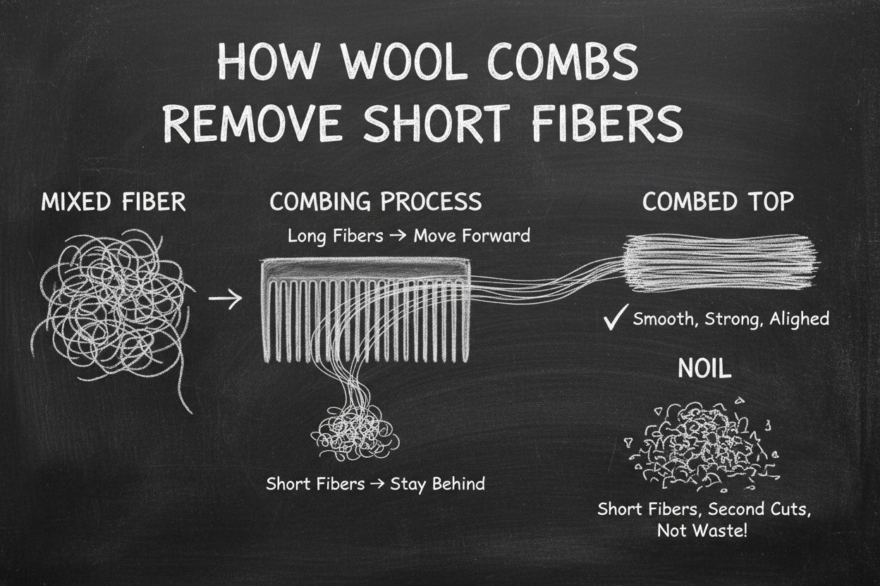 Chalkboard diagram showing how wool combs separate long fibers (which become combed top) from short fibers (which become noil)