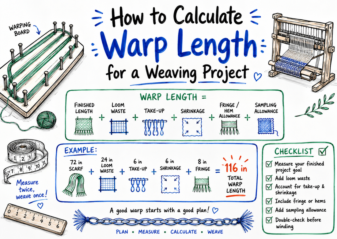 Whiteboard-style illustration showing how to calculate warp length for a weaving project with finished length, loom waste, take-up, shrinkage, fringe, and sampling allowance.