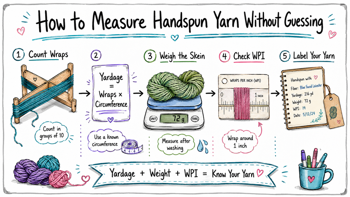 Whiteboard-style illustration showing how to measure handspun yarn by counting wraps, weighing a skein, checking wraps per inch, and labeling yardage.