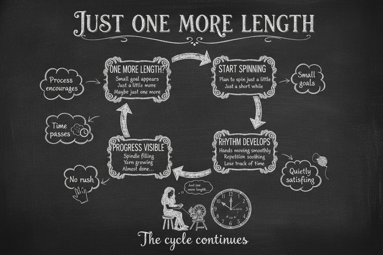 Blackboard diagram showing eight reasons spinners keep spinning just one more length — repetitive process, growing yarn, relaxing rhythm, small achievable goals, watching yarn form, no strict stopping point, nearly full spindle, and time passing quietly