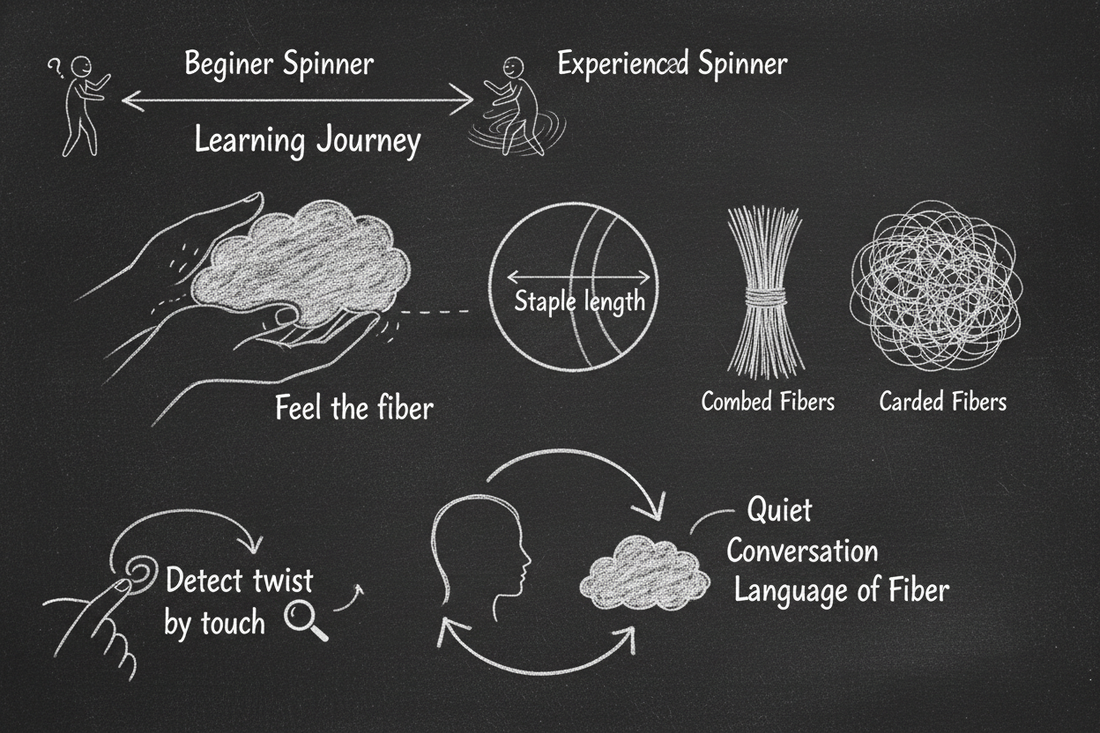 Blackboard diagram with a four-row table showing how spinning experience evolves from beginner mechanics through developing awareness to experienced intuition and advanced conversation with fiber