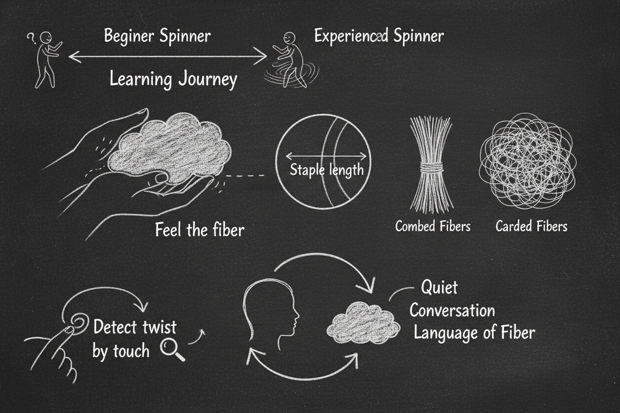 Blackboard diagram with a four-row table showing how spinning experience evolves from beginner mechanics through developing awareness to experienced intuition and advanced conversation with fiber