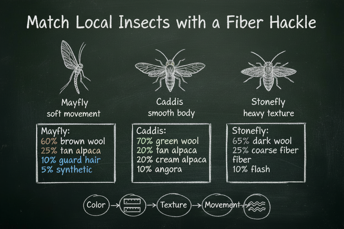 Blackboard diagram for matching local insects in fly tying — three insect sketches (Mayfly, Caddis, Stonefly) with key traits, three fiber blend recipes, and four observation cues: color, size, texture, and movement.
