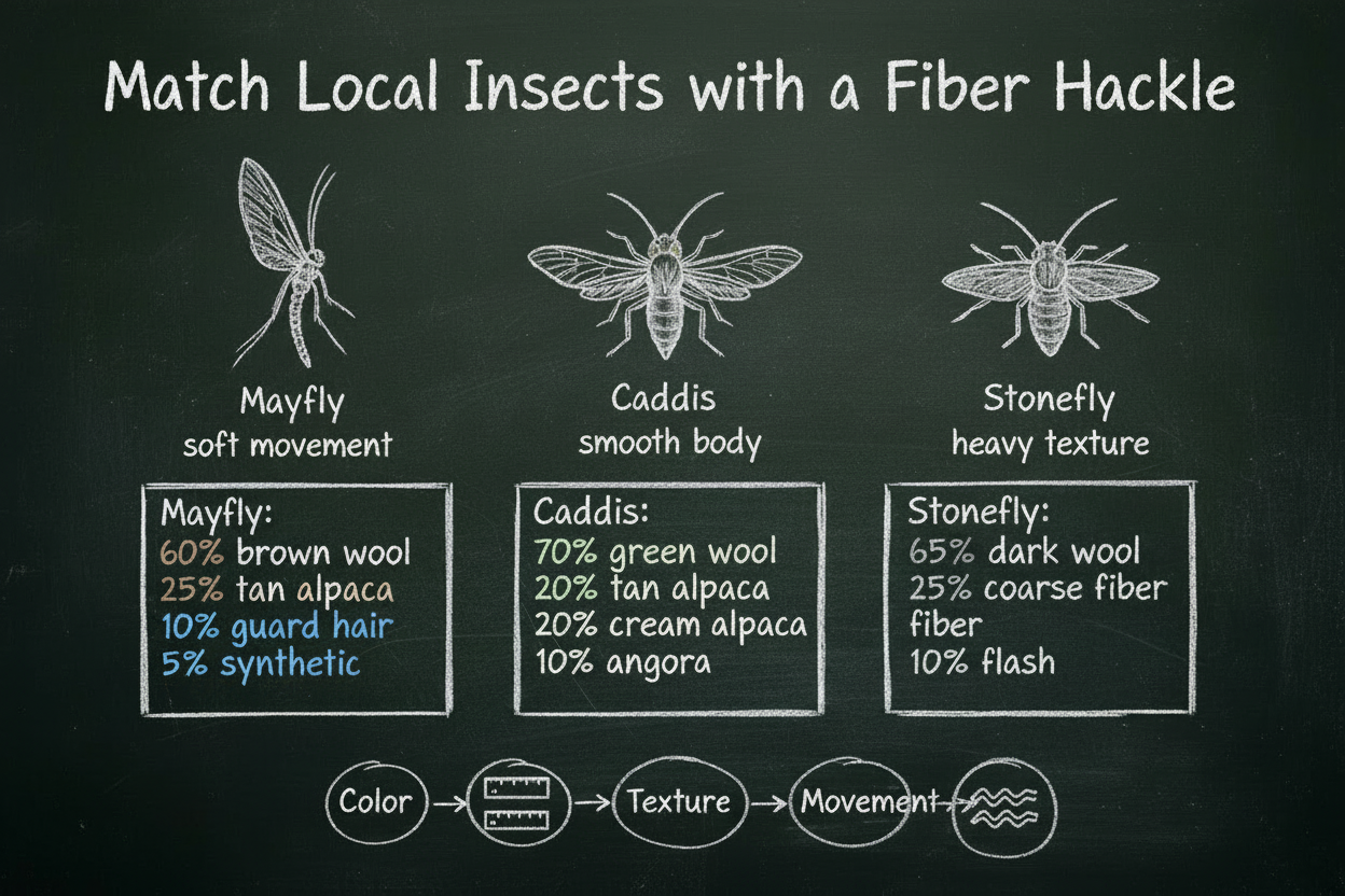 Blackboard diagram for matching local insects in fly tying — three insect sketches (Mayfly, Caddis, Stonefly) with key traits, three fiber blend recipes, and four observation cues: color, size, texture, and movement.