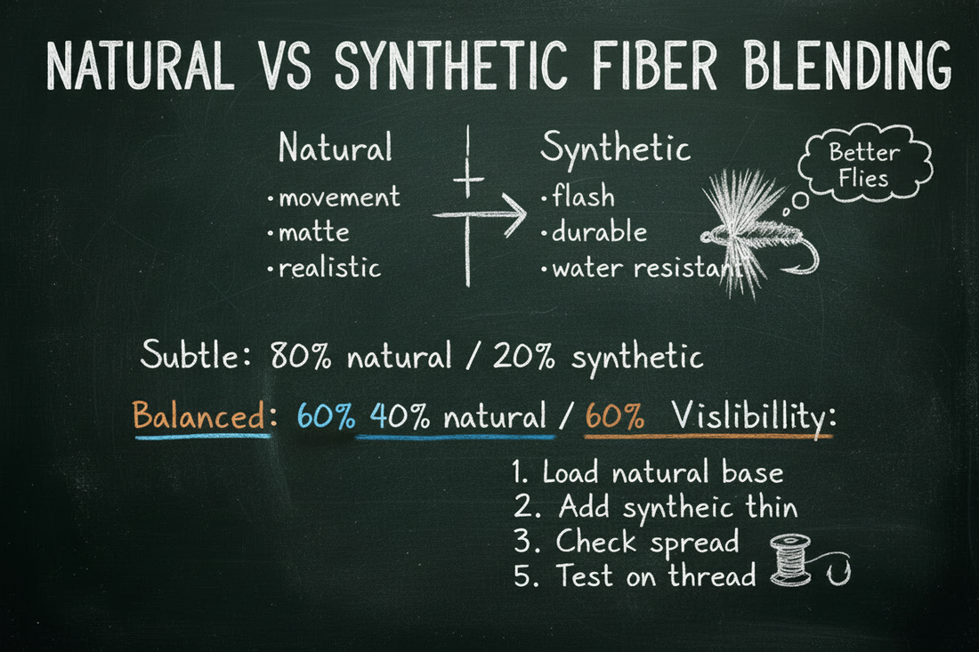 Blackboard diagram comparing natural vs synthetic fibers for fly tying dubbing — two-column breakdown of each fiber type, three blend ratios from subtle to high visibility, and a five-step blending process using a fiber hackle.