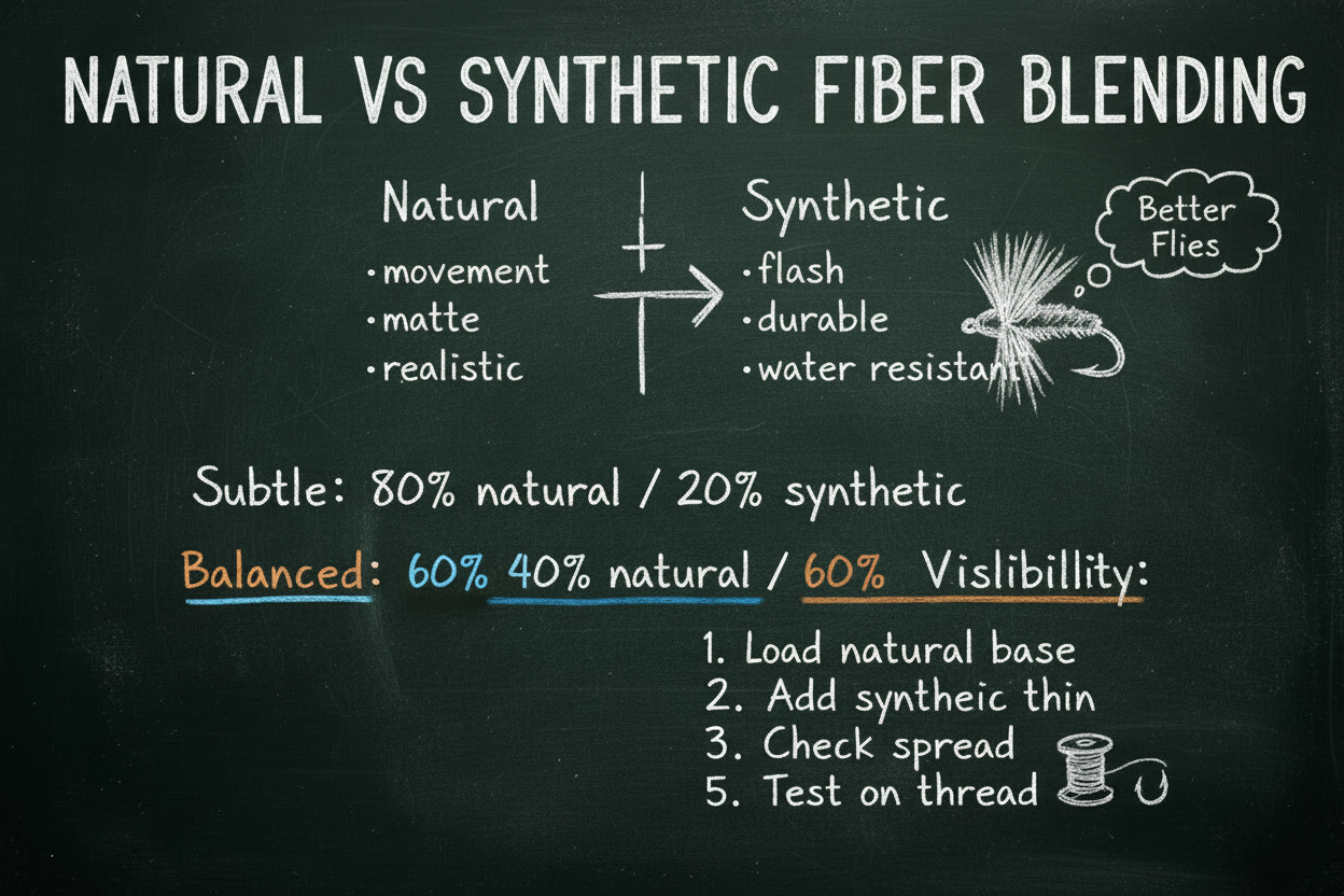 Blackboard diagram comparing natural vs synthetic fibers for fly tying dubbing — two-column breakdown of each fiber type, three blend ratios from subtle to high visibility, and a five-step blending process using a fiber hackle.