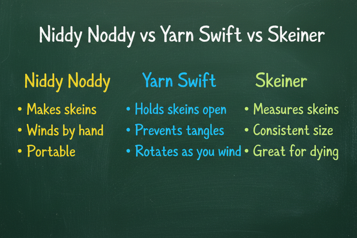 Chalkboard with three columns comparing fiber arts tools in colored chalk: Niddy Noddy makes skeins by hand, Yarn Swift holds skeins open and prevents tangles, Skeiner measures consistent skeins for dyeing.