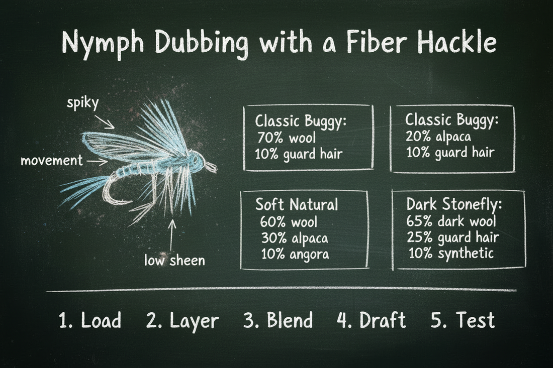 Blackboard diagram showing nymph dubbing with a fiber hackle — nymph fly sketch with callouts for spiky texture, natural movement, and low sheen, three blend recipes, and a five-step blending process.